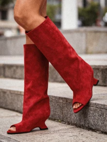 Women's Knee High Boots Peep Toe Slouchy Wedges High Heels PullOn Party Dress Fall Winter Suede Long Boots For Woman Party Shoes - Đỏ A - Xem 9
