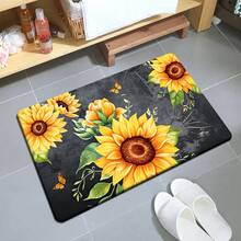 1/2/3 piezas Alfombras de cocina con diseño de girasol y mariposa, fondo negro con diseño floral, base antideslizante, adecuado para cocina, sala de estar, dormitorio, baño, decoración del hogar de primavera/verano - Multicolor - Ver 7