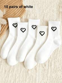 1/5/10 Pairs Unisex Classic Black & White Versatile Sports Socks, Comfortable Breathable Mid-Calf Socks With Heart Pattern, Suitable For Daily Wear, Outdoor, Hiking, Exercise, Spring/Autumn - Black and White - View 9