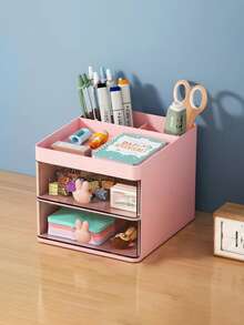 1pc Jewelry & Cosmetic Storage Box - Drawer Style Plastic Desk Vanity Organizer For Brushes, Lipsticks, Skincare - Multi-Function Storage Rack - Multi-Purpose Storage Box - Multicolor - View 2