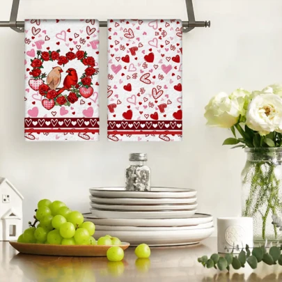 2/4/48片装厨房抹布，情人节爱心玫瑰卡车图案涤纶抹布，柔软吸水，适合日常厨房清洁，也可作为婚礼或节日装饰，增添浪漫氛围，厨房装饰毛巾，情人节，婚礼装饰