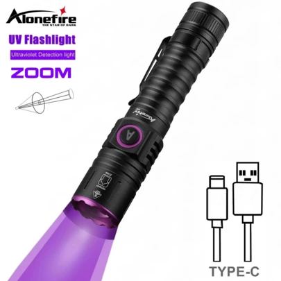  Alonefire 5W High Power UV Flashlight 365nm/395nm Zoom Rechargeable Type-C - Pet Urine Detector, Nail Resin Curing, Money, Scorpion Detection Flashlight