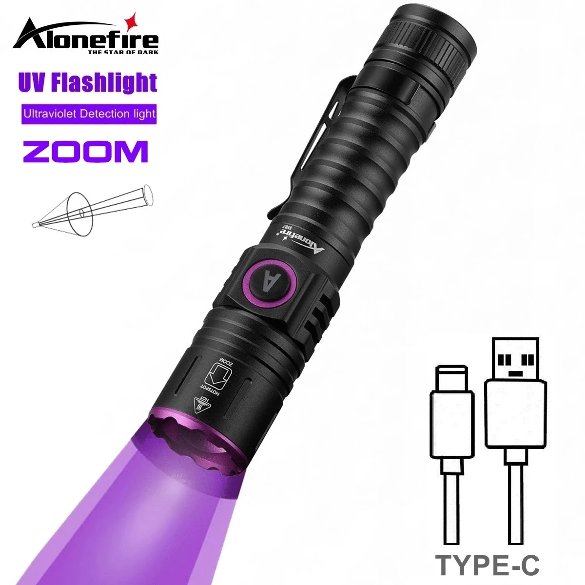 Đèn pin UV công suất cao Alonefire 5W 365nm/395nm có chức năng zoom, sạc được, cổng Type-C - Dùng để phát hiện nước tiểu thú cưng, làm khô nhựa móng tay, tìm tiền, phát hiện bọ cạp.