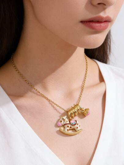 VceTd 1pc Elegant Enamel Crafted Cute Horse Shaped Stainless Steel Pendant Necklace, Suitable For Women's Daily Commute, Travel, Holiday Party Wear, Valentine's Day Gift For Lover, Family Or Friends