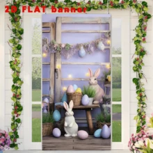 Décor de porte de fête de Pâques 2D, toile de fond de printemps avec lapin de Pâques, œufs colorés et herbe verte. Bannière de porte pour la chasse aux œufs de Pâques, fournitures de fête de Pâques, décoration de toile de fond - 1 Voir - Voir 7