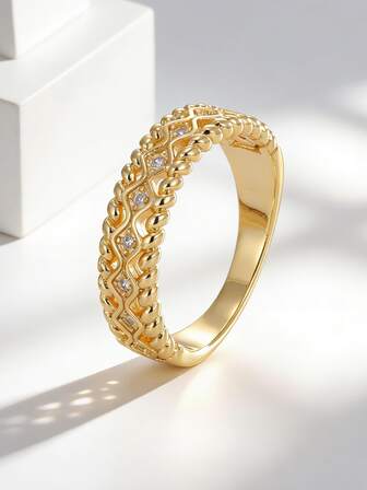 Charm-In Bague plaquée or femme à bord ondulé et torsadé avec zircone cubique - Style vintage élégant pour une tenue de fête et un cadeau de la Saint-Valentin