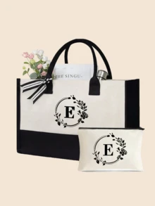 1件/1套花环字母A-Z图案帆布女士手提包，带化妆收纳袋、个性化礼品袋、便携休闲收纳手提包、多功能购物袋，新款设计，大容量 - 黑與白 - 查看 12