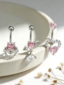 3pcs Women's Sexy Luxury Heart-Shaped Navel Rings, Suitable For Daily Wear, Party, Beach Vacation Outfits