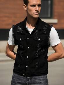 247 Men's Sleeveless Denim Vest - Black Distressed Casual All-Season Jacket, Raw-Edge Hem And Chest Button Pocket, Cotton Relaxed Fit, Suitable For Motorcycle Riding Or Punk Style, Casual Wear Vest | Button Closure Design, Heavyweight Denim Fabric - 黑色 - 查看 4