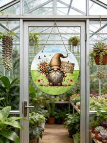 Gnome Holding Bouquet Hanging Sign, Wooden Welcome Wreath Decor, Rustic Style Round Door Sign, Suitable For Home, Yard, Garden, Living Room, And Bedroom Welcome Decor, Perfect Holiday Gift - Multicolor - View 1