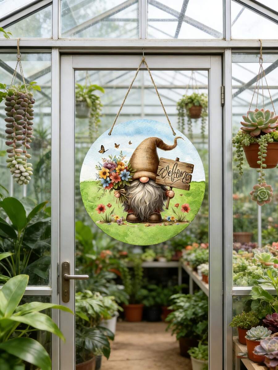 Gnome Holding Bouquet Hanging Sign, Wooden Welcome Wreath Decor, Rustic Style Round Door Sign, Suitable For Home, Yard, Garden, Living Room, And Bedroom Welcome Decor, Perfect Holiday Gift - Multicolor - View 1