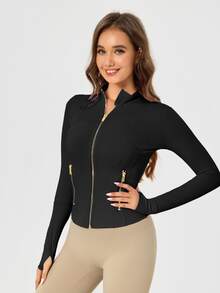 Women's Solid Color BBL Zip Up Sports Jacket With Pockets Gold Zipper High Stretch Lightweight Yoga Tennis Gym Workout Outerwear Workout Clothes Pickleball Clothes - 黑色/金色 - 查看 6