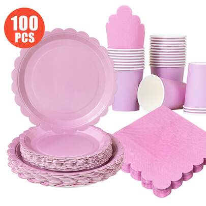 Disposable Floral Shaped Plates, Napkins, Cups Set, Suitable For 25 Guests, One-Time Paper Plates Party Supplies For Birthday, Wedding, Theme Party, Family Picnic