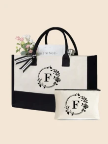 1件/1套花环字母A-Z图案帆布女士手提包，带化妆收纳袋、个性化礼品袋、便携休闲收纳手提包、多功能购物袋，新款设计，大容量 - 黑與白 - 查看 17