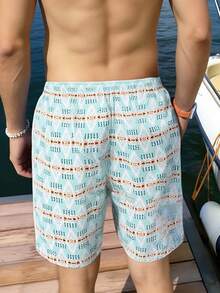 男士夏季全印花斜插口袋抽绳腰休闲度假沙滩短裤 - 綠色 - 查看 2