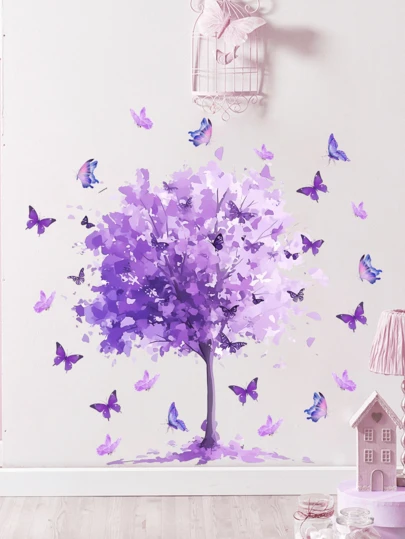 1 Set Dreamy Purple Tree & Butterfly Wall Stickers, Suitable For Bedroom, Living Room, Wardrobe, Dorm, Home Decor, Removable Self-Adhesive