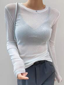 2025 Spring/Autumn Women Crew Neck Undershirt, Fashionable Long Sleeve Sheer Mesh See-Through Thin Tee Blouse - White - View 3