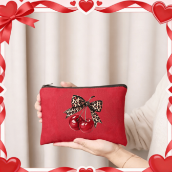 Bolsa de maquillaje con estampado de leopardo y cereza, estuche cosmético duradero, bolsa de almacenamiento portátil, útiles escolares, accesorios de escritorio, organizador de artículos de tocador de viaje, diseño divertido, mejor regalo para amantes, hermanas, bodas, vacaciones, Halloween, Navidad, Día del Maestro, festivales, disponible en rojo