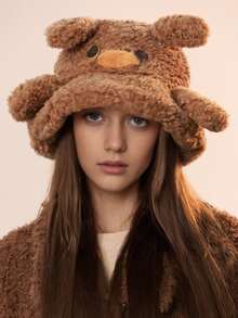 1pc Women's Cute Cartoon Ear Button Fluffy Bucket Hat, Fashionable Personalized Funny Bucket Hat With Wide Brim, Suitable For Various Occasions Like Party, Camping, Dining With Friends, Sun Protection, Windproof And Warm In Spring And Autumn - A - View 2