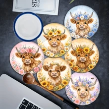 6pcs Cute Highland Cow Pattern Coaster Set, Home Decor Absorbent Silicone Coasters For Tea Cup, Water Glass, Wine Glass, Coffee Mug, Suitable For Home, Party, Kitchen Accessories, All Season Decoration - Multicolor - View 2