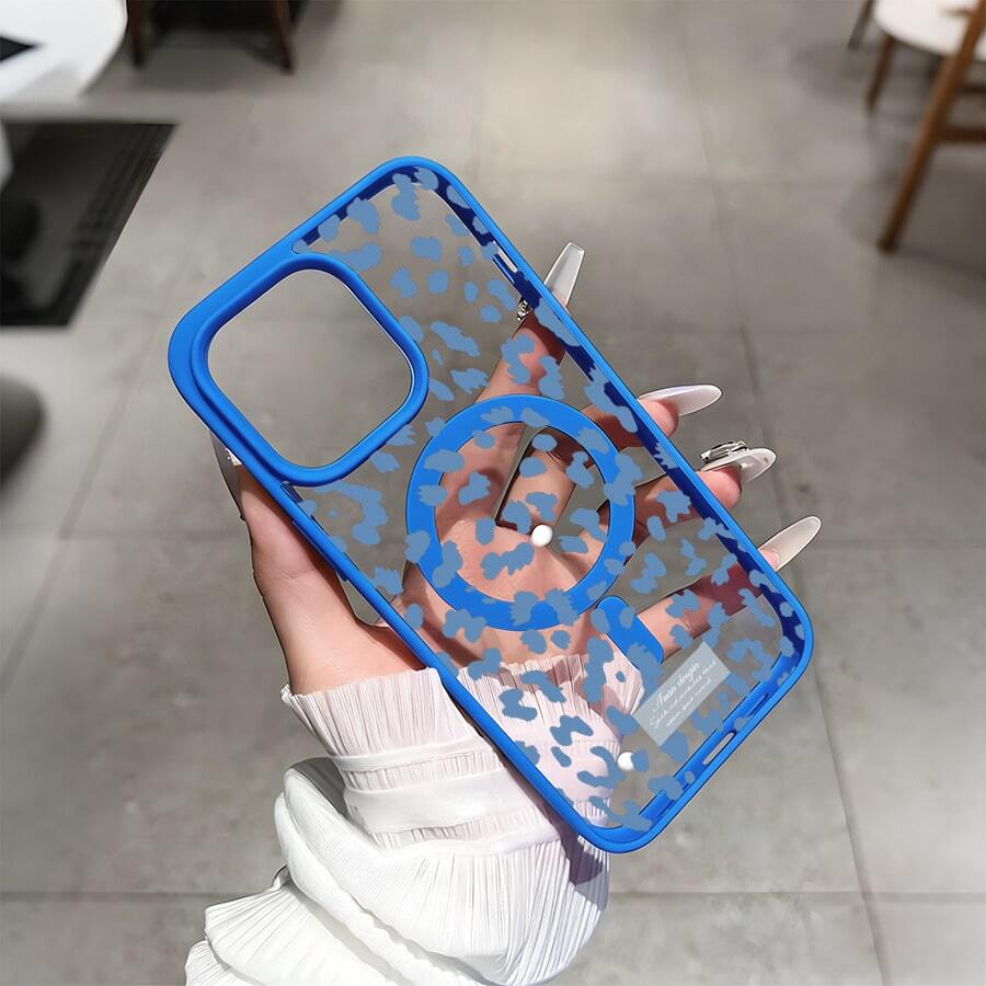 Blue Leopard Print This MagSafe Magnetic Phone Case, Compatible With IPhone 17/Air/16/15/14/13/12 Pro/11/XS Plus Max/ S22/S23/S24/S26, Features A Stylish And Pattern Design. Available In A Variety Of Colors, This Classic, Shockproof Hybrid Case Makes A Perfect Gift For Friends And Family For Halloween, Christmas, And Thanksgiving. - 藍色 - 查看 1