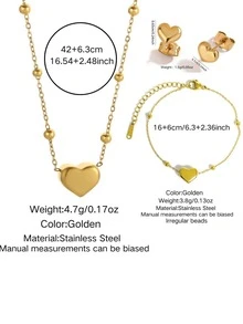 Bộ trang sức thép không gỉ lãng mạn gồm dây chuyền hạt thép bất đối xứng và mặt dây chuyền hình trái tim, kèm vòng tay và bông tai cùng kiểu, thích hợp cho phụ nữ đeo khi hẹn hò, đi mua sắm hoặc làm quà tặng Ngày Valentine cho người yêu. - Vàng - Xem 11