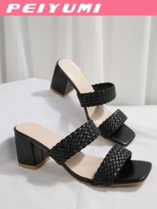 PEIYUMI Summer New Arrival Minimalist Woven High Heels For Women, Parallel Double Strap Design, Fashionable & Versatile, Bohemian Style - Black - View 6