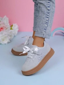 1 Pair Girls' Canvas Sneakers, New Spring/Summer Children Sports Shoes, Big Kids Soft Bottom Running Shoes - Grey - View 7