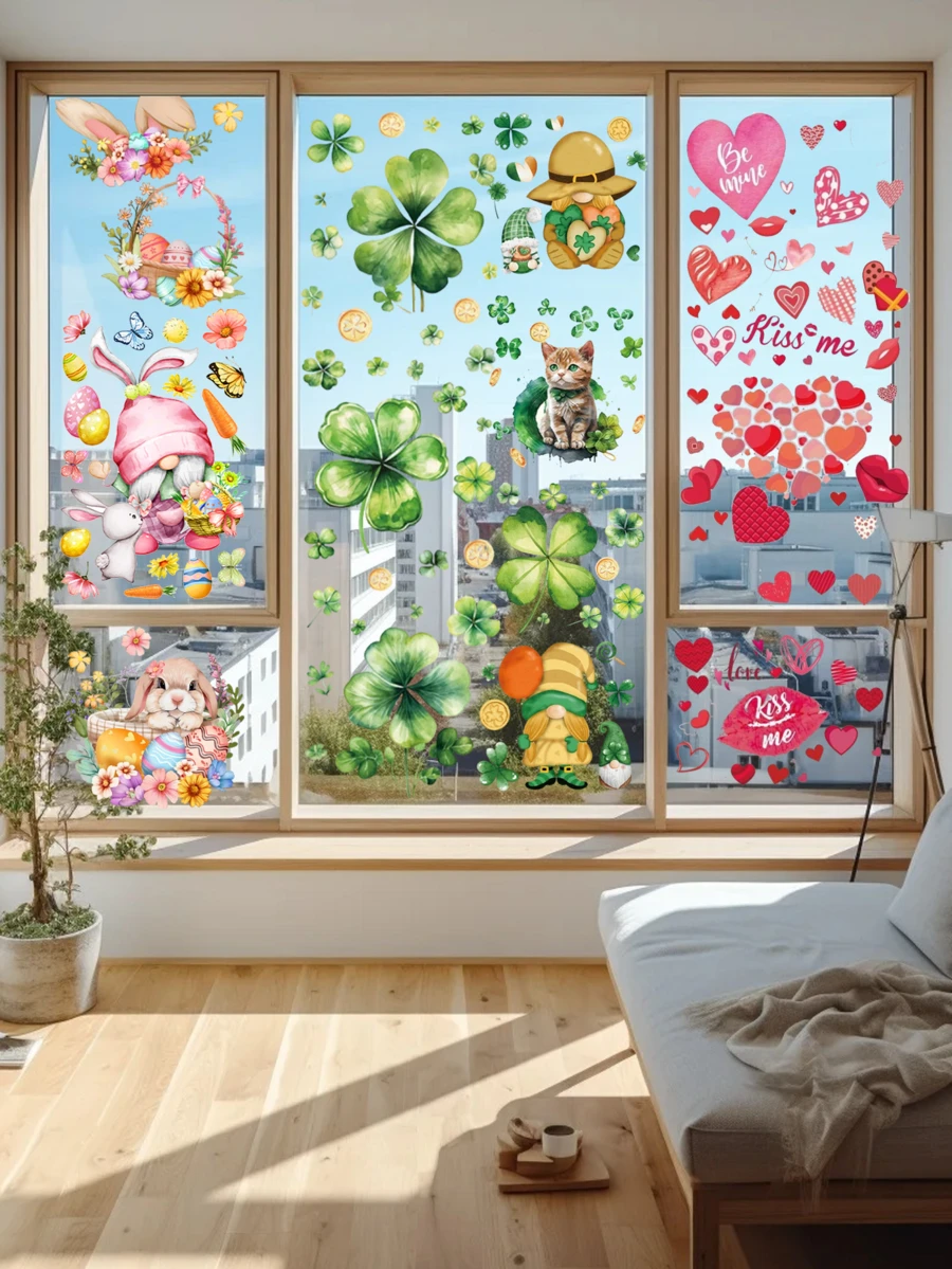 1 bộ/9 tờ/10 tờ Hình dán cửa sổ trang trí ngày lễ Tình nhân, Lễ Phục sinh, Ngày Thánh Patrick. Hình dán cửa sổ hai mặt bằng PVC hình trái tim, thỏ, trứng Phục sinh, cỏ ba lá. Thích hợp trang trí mùa xuân, đám cưới, sinh nhật, văn phòng, cửa kính, cửa hàng, nhà cửa. - Nhiều màu - Xem 1