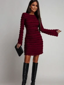 Women's Burgundy Ruched Bodycon Dress Long Sleeve Valentine's Day Date Party Dress - Red - View 8