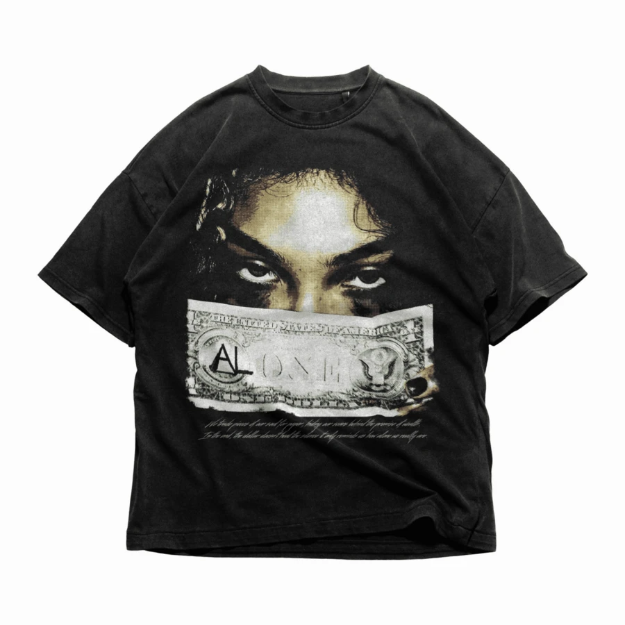 Alone Dollar Bill Graphic Tee Streetwear T Shirt Emotional Hip Hop Shirt Sad Aesthetic Top Misfit Graphic Tee - 黑色 - 查看 1