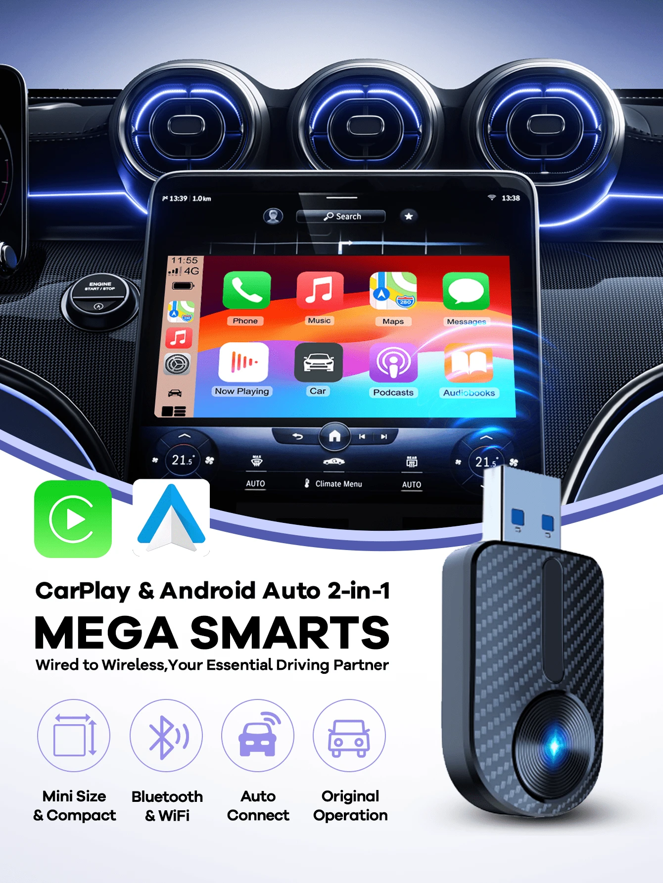 REMAX 2-In-1 Wireless CarPlay & Android Auto Adapter; Plug & Play Compatible With IPhone/Android; Lag-Free Connection; Mini Size With Extension USB-C/Type-C; Fits 900+ Cars;