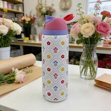 Owa Laa Colored Flower Design Large Capacity Stainless Steel Water Bottle,32oz/945ml,With A Straw,Exquisite Appearance,Keeps Drinks Hot Or Cold,Can Hold Iced Drinks And Water,Suitable For Leisure,Work,Sports,Indoors And Outdoors,Suitable For Students And Office Workers,As A Gift - 白色 - 查看 4