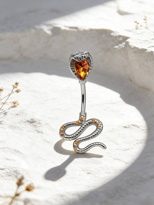 1pc Women's Dark Punk Zirconia Snake Navel Ring, Women's Body Piercing Belly Button Jewelry, Suitable For Daily Wear, Parties, Beach Vacation Outfits