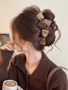 1个复古蝴蝶结针织发夹，优雅发爪，适合盘发造型的女士发饰，冬季发饰，女士发爪夹 - 棕色 - 查看 6