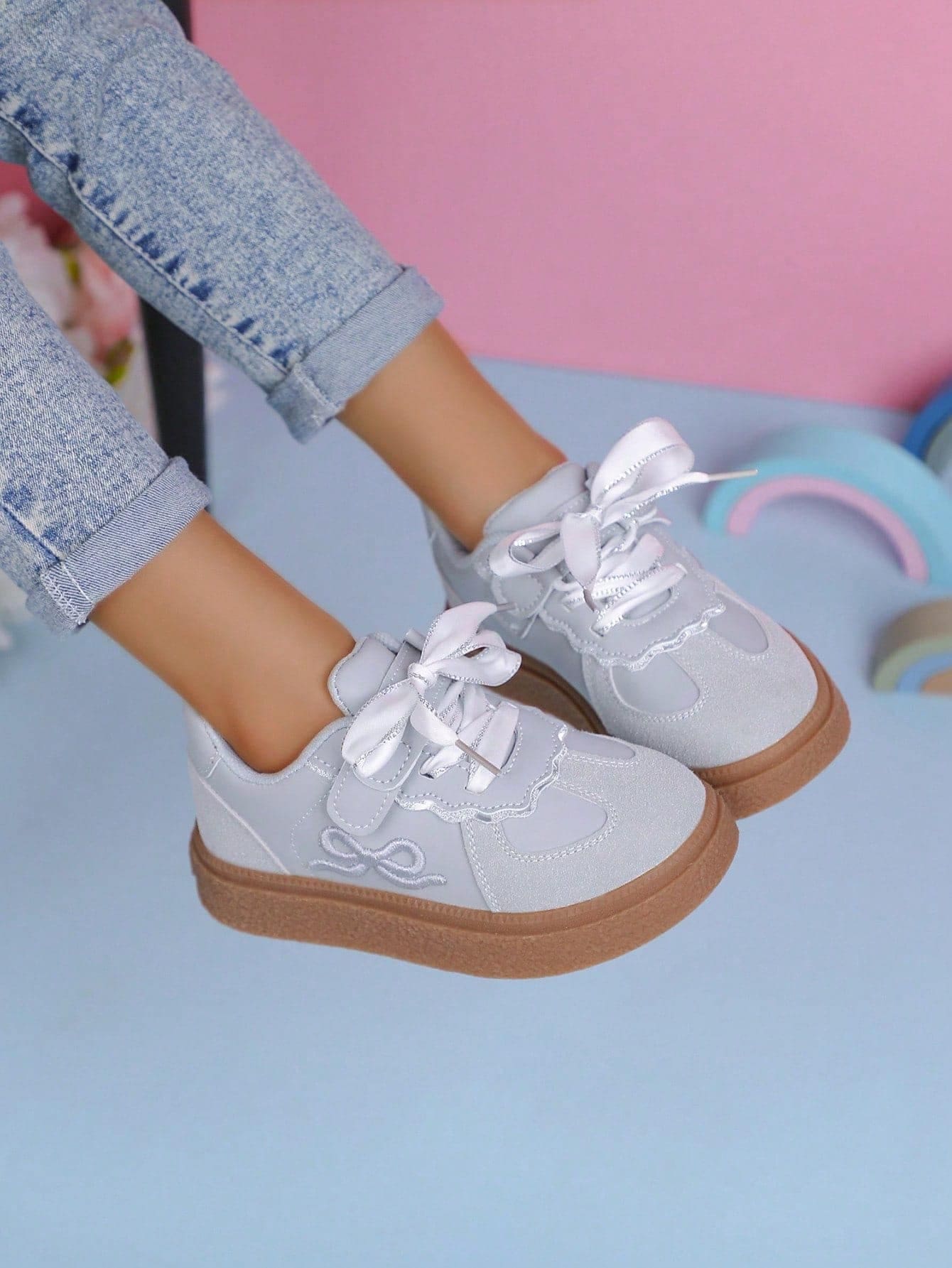 1双女童帆布运动鞋，新款春夏儿童运动鞋，软底跑步鞋 - 灰色 - 查看 1