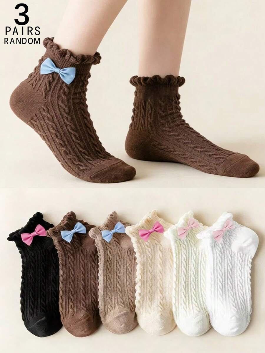 3 Pairs Women's Cute Sweet Bow Design Breathable Short Socks - Multicolor - View 1