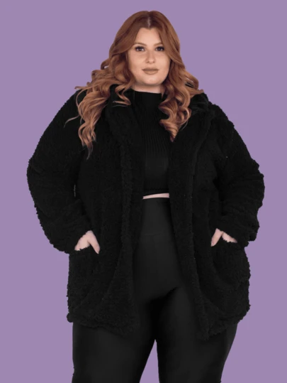 Casaco teddy PLUS SIZE feminino longo com capuz e bolsos pelúcia do por dentro e por fora