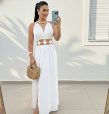 Women's Long Dress With Cutouts And Side Slit, Elegant And Premium Finish. Long Dress With Two Neckline Styles And Side Slit. Features Cutouts, A Slit, And A Tie At The Neckline. Elegant, Casual, Party, Split Fabric, Side Opening, Bare Back, Drawstring Tie. 2-In-1. Suitable For: Beach, Night, Garden, Photoshoot, Street, Birthday Party, Stage And Concert, Bachelorette Party, Travel, Vacation. - 白色 - 查看 3