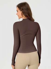 Women's Solid Color BBL Zip Up Sports Jacket With Pockets Gold Zipper High Stretch Lightweight Yoga Tennis Gym Workout Outerwear Workout Clothes Pickleball Clothes - Espresso/Gold - 查看 2