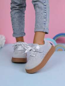 1 Pair Girls' Canvas Sneakers, New Spring/Summer Children Sports Shoes, Big Kids Soft Bottom Running Shoes - Grey - View 5