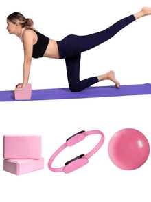 4件套普拉提工作室套装：普拉提圈、健身球和2块瑜伽砖。完美的圣诞礼物，男女皆宜，完整的健身器材。 - 彩色 - 查看 4