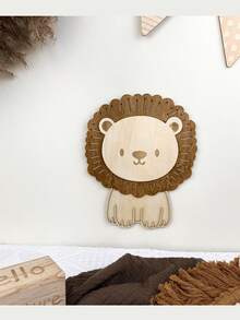 木质狮子墙贴 - 可爱卡通狮头镂空图案，适合儿童房装饰和趣味拍照道具 - 淺棕色 - 查看 5