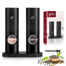 2pcs Electric Salt And Pepper Grinder Set, Adjustable Coarseness, Automatic Salt And Pepper Grinder With Base, Reusable, One-Handed Operation, Pepper Grinder Refillable, Suitable For Kitchen, Camping, BBQ, Kitchen Gadget, Kitchen Accessories, Electronic Spice Grinder With Decorative Base - Black - View 2