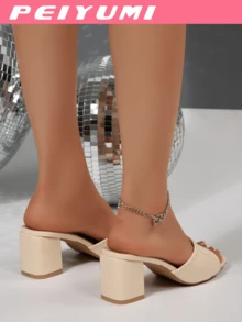 PEIYUMI 女士优雅简约高跟凉鞋，闪亮时尚，优雅大方，适合派对和宴会穿着，春夏款 - 米色 - 查看 4