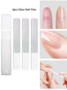3件套玻璃指甲锉套装，含1个收纳盒，平头美甲工具套装，专业指甲抛光器，无香天然指甲软化剂