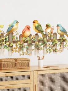 1pc Cute Cartoon Bird, Fence, Tree Leaves Wall Sticker, Removable Matte Self-Adhesive Wall Decal For Bedroom, Living Room, Home Decor, Spring Decoration, Gift For Birthday, Graduation - Multicolor - View 5