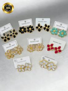 1/2/4/5/9-Piece Sets, Stainless Steel Enamel Flower/Bow Stud Earrings. Flower Designs Include Five-Petal Blooms And Four-Leaf Clover Shapes, Available In Black, Pink, Lake Blue, Bright Red, And White. - Multicolor - View 3