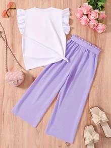 Bộ đồ thường ngày in hình bướm cho bé gái tuổi teen: áo thun tay bồng và quần. - Màu tím - Xem 2