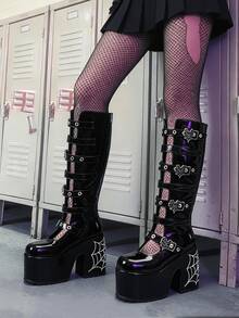 Y2k Style Women's Knee High Boot Solid Color  Buckle Round Toe Punk Motorcycle Nightclub Cosplay Shoes - 黑色(2) - 查看 7